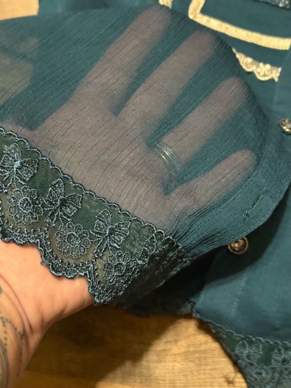 Victorian Teal Lace Bib Front Blouse •Size S• Sheer Chiffon Rhinestone Buttons - Picture 8 of 16